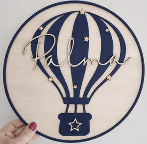 Personalised Hot Air Balloon Name Sign | Nursery Wall Decor | Custom Baby Name Plaque | Wooden Round Wall Hanging | Baby Shower Gift | Boho