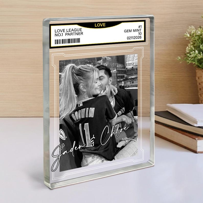 Custom Couple Photo Acrylic Block, Personalized Trading Card Desk Name Plate For Couple, Baseball Lover Gift, Valentines Day Gift For Him