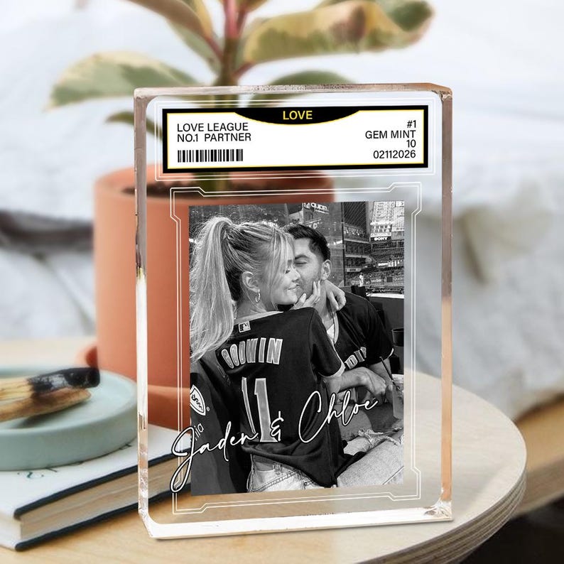 Custom Couple Photo Acrylic Block, Personalized Trading Card Desk Name Plate For Couple, Baseball Lover Gift, Valentines Day Gift For Him