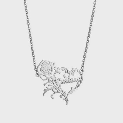 Custom Name Rose Heart Charm Necklace Romantic Personalized Stainless Steel Flower Pendant Collar Women Jewelry Girlfriend/Valentine Gift/Mother's Day Gift
