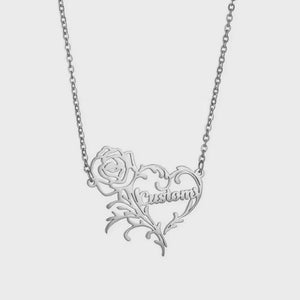 Custom Name Rose Heart Charm Necklace Romantic Personalized Stainless Steel Flower Pendant Collar Women Jewelry Girlfriend/Valentine Gift/Mother's Day Gift
