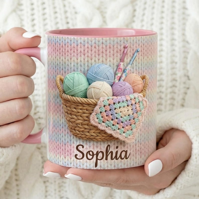 Custom Crochet Lover Accent Mug, Pastel Yarn Ceramic Cup, Knitting & Sewing Coffee Mug, Gift for Mom, Gift For Mother's Day