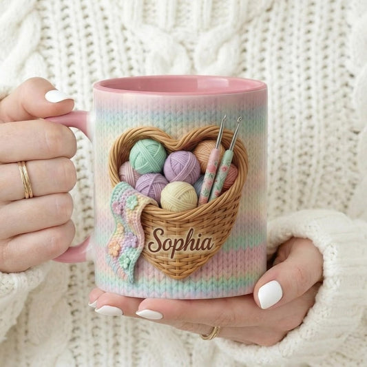 Custom Crochet Lover Accent Mug, Pastel Yarn Ceramic Cup, Knitting & Sewing Coffee Mug, Gift for Mom, Gift For Mother's Day