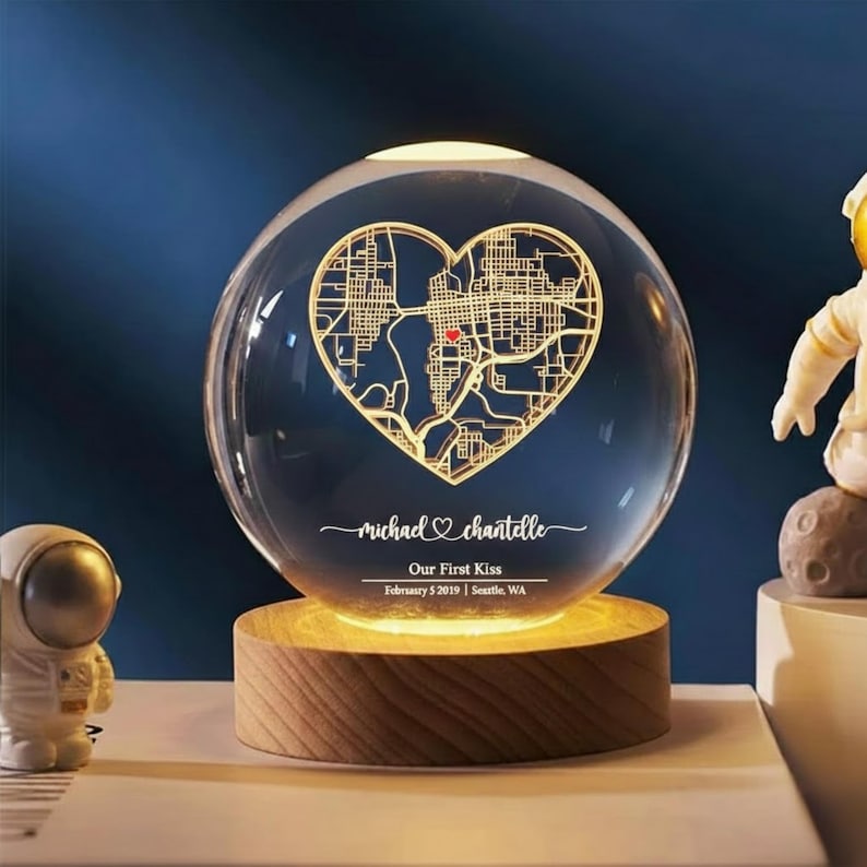 Location Map Crystal Ball Night Light: Where We Met Couples Gift, Romantic Keepsake