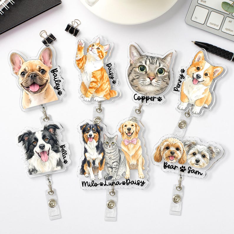 Personalized Acrylic Portrait From Photo Badge Reel: Dog, Cat Retractable ID Holder