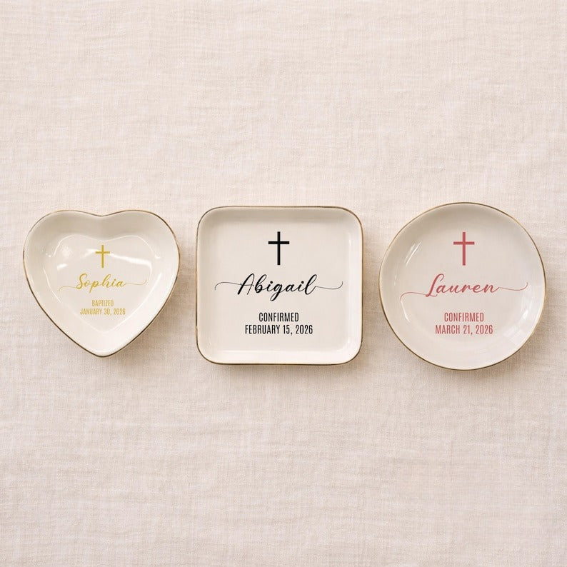Personalized Baptism Trinket Dish, Custom Confirmation Ring Dish, First Communion Gifts, Goddaughter Baptism Gift, Dedication Jewelry Dish
