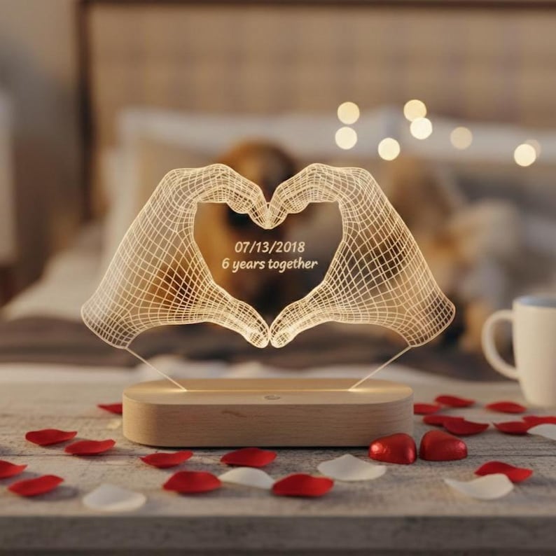 Personalized Heart Hands Night Light - Valentine's Day Gift for Couple - Custom Anniversary Gift for Him or Her - Heart Hands Lamp with Date