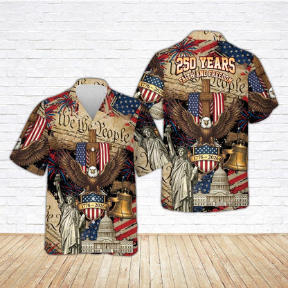 USA 250th Anniversary Hawaiian Shirt, USA 250th Button Shirt, Patriotic Eagle, Statue Of Liberty, 250 Years Of Freedom and Faith Gift