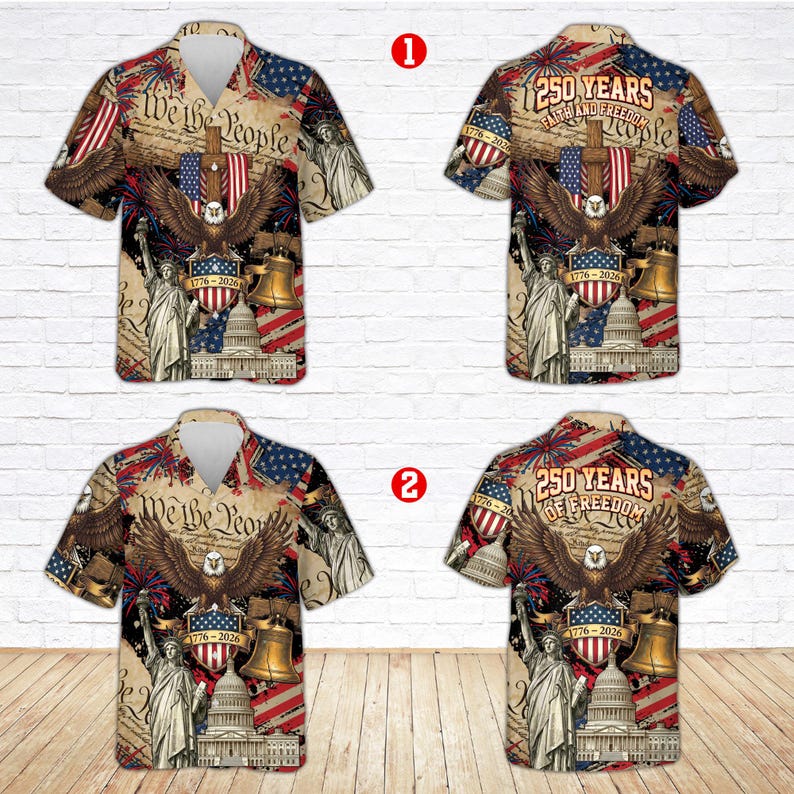 USA 250th Anniversary Hawaiian Shirt, USA 250th Button Shirt, Patriotic Eagle, Statue Of Liberty, 250 Years Of Freedom and Faith Gift