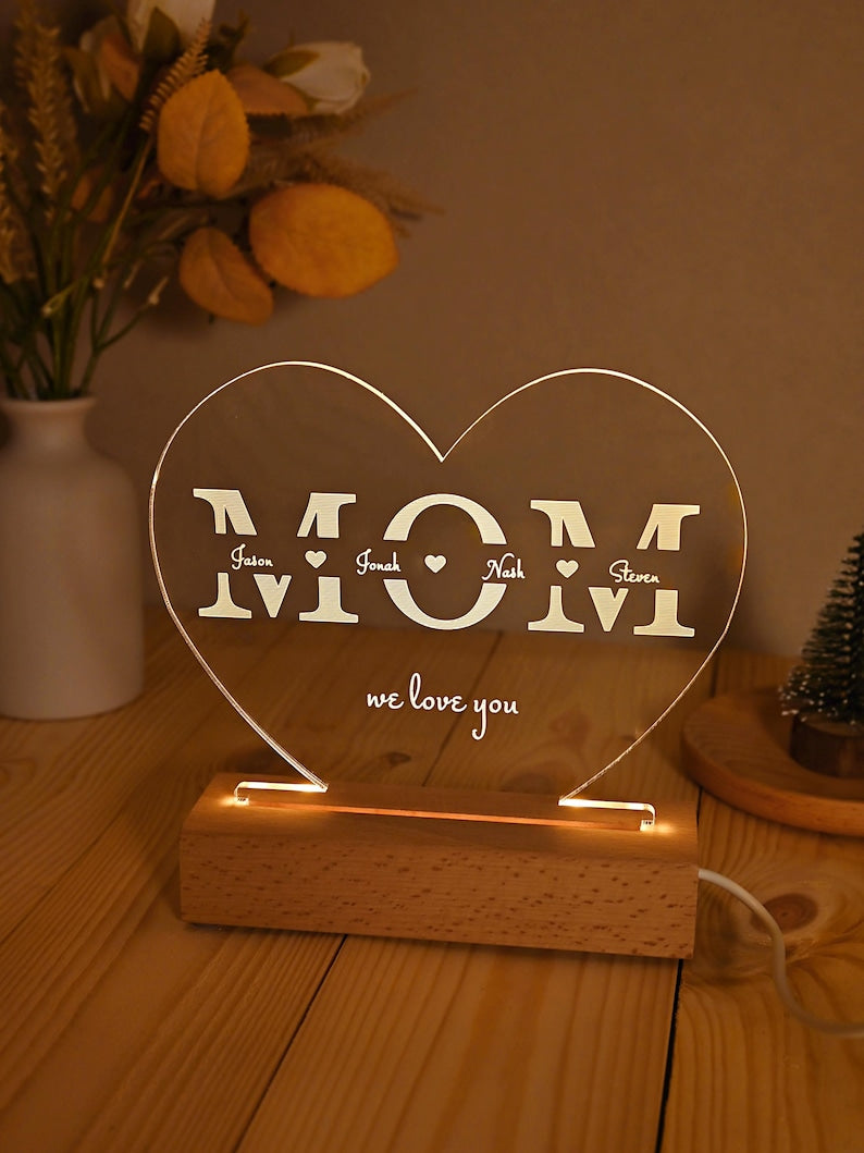 Personalized MOM Night Light, Custom Kids Names, Gift Idea for Mom, Mother's Day Gift, Heart Acrylic Picture Lamp, Birthday Gift for Mom
