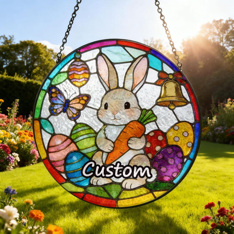 Easter Bunny Suncatcher Stained Glass Rabbit Garden Suncatcher Handmade Easter Window Haning Glass Suncatcher Gift