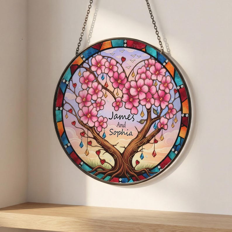 Personalized Couple Tree Heart Stained Glass Suncatcher, Custom Name Window Hanging Gift for Anniversary, Wedding or Valentine's Day