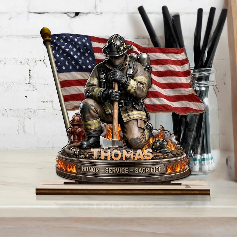 Personalized Firefighter Memorial Plaque, Custom Name Fireman Desk Decor, Honor Service Sacrifice Tribute Gift for Firefighters