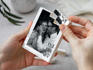 Personalised Anniversary Date Gift For Her, Custom Wedding Photo Building Block, Engagement Keepsake, Romantic Valentines Day Present