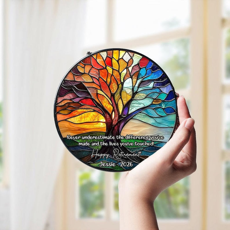 Personalized Retirement Gift Tree of Life Stained Glass Suncatcher, Coworker Farewell Gift, Office Goodbye Decor