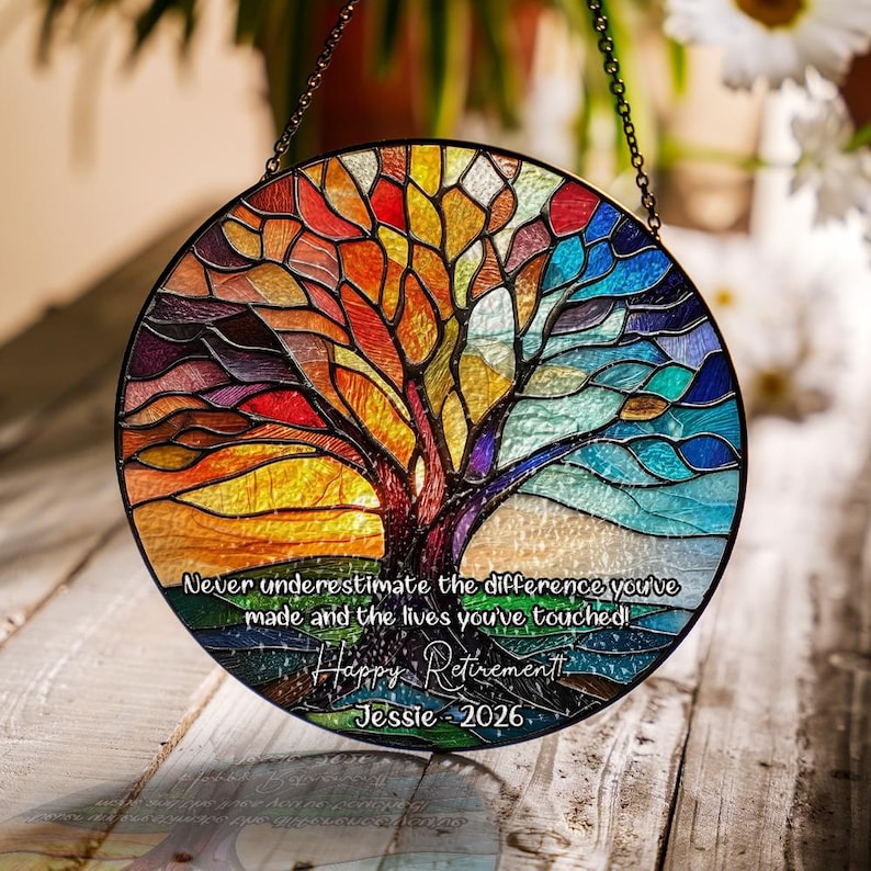 Personalized Retirement Gift Tree of Life Stained Glass Suncatcher, Coworker Farewell Gift, Office Goodbye Decor
