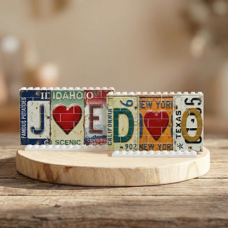 Personalized License Plate Building Block, Custom Initial Brick Decor, Heart Letter Design