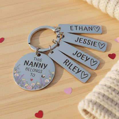 Personalised Flower Family Keyring Mother's Day Gift: Nanny, Mummy Belongs To Engraved Stainless Steel Keepsake, Nanna, Auntie, Mum Loved By