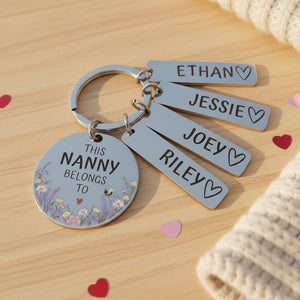 Personalised Flower Family Keyring Mother's Day Gift: Nanny, Mummy Belongs To Engraved Stainless Steel Keepsake, Nanna, Auntie, Mum Loved By