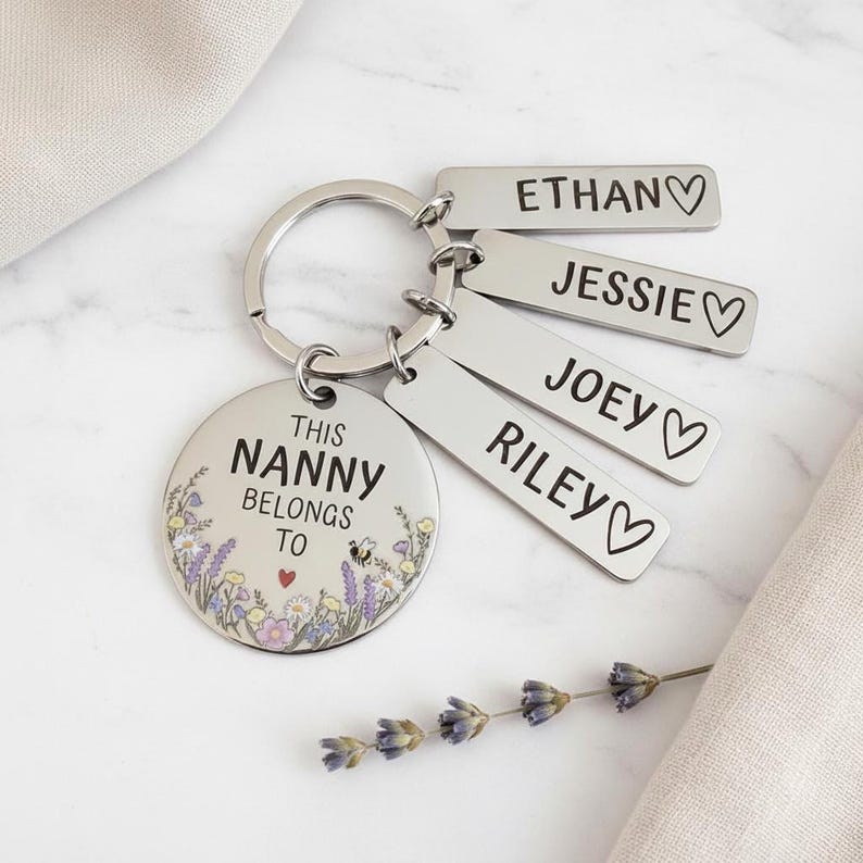 Personalised Flower Family Keyring Mother's Day Gift: Nanny, Mummy Belongs To Engraved Stainless Steel Keepsake, Nanna, Auntie, Mum Loved By