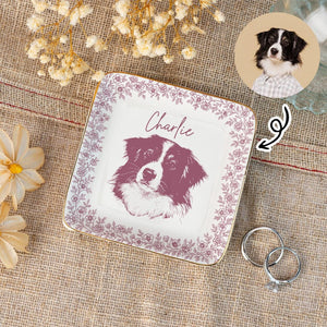 Personalized Pet Portrait Jewelry Dish, Toile De Jouy Ceramic Trinket Dish, Dog Cat Jewelry Dish, Personalized Pet Portrait Tray, Pet Lover