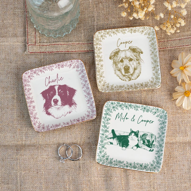 Personalized Pet Portrait Jewelry Dish, Toile De Jouy Ceramic Trinket Dish, Dog Cat Jewelry Dish, Personalized Pet Portrait Tray, Pet Lover
