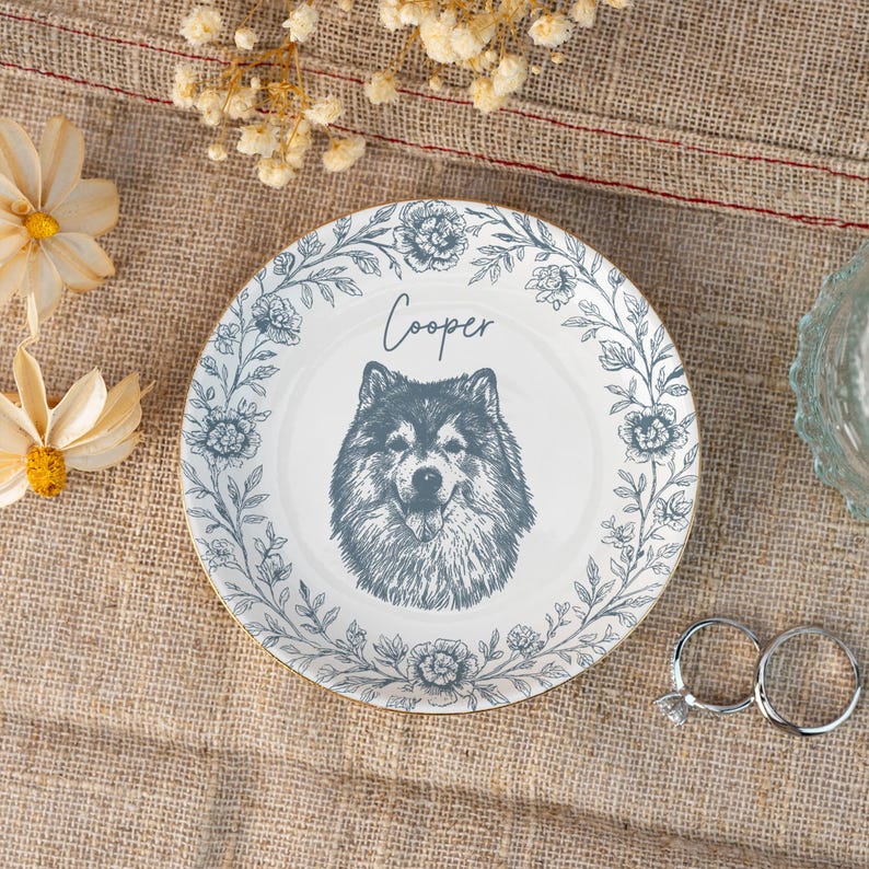 Personalized Pet Portrait Jewelry Dish, Toile De Jouy Ceramic Trinket Dish, Dog Cat Jewelry Dish, Personalized Pet Portrait Tray, Pet Lover