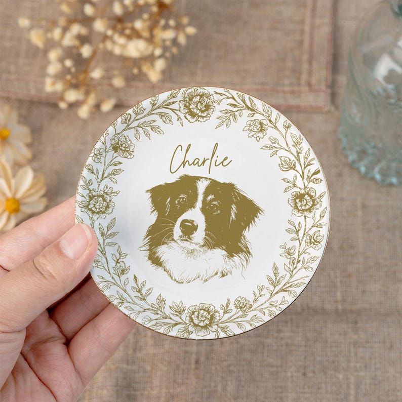 Personalized Pet Portrait Jewelry Dish, Toile De Jouy Ceramic Trinket Dish, Dog Cat Jewelry Dish, Personalized Pet Portrait Tray, Pet Lover