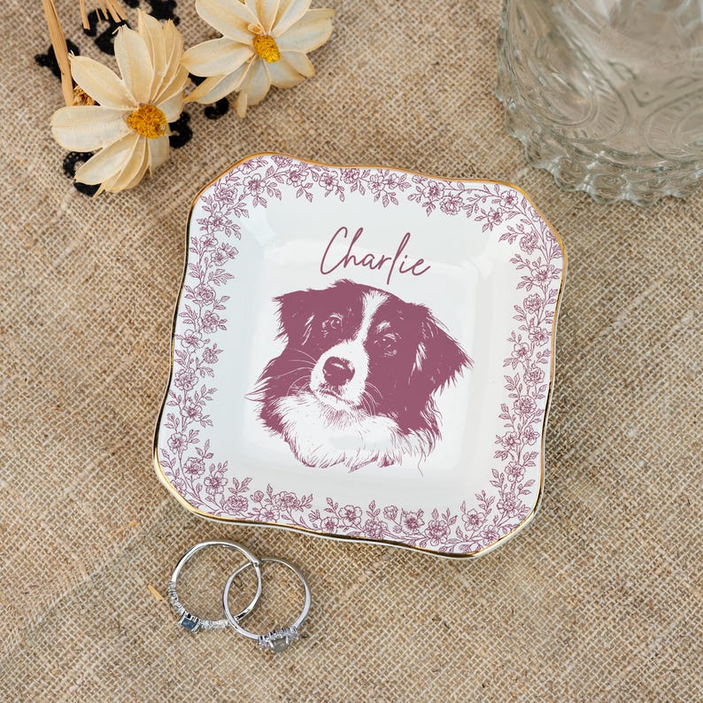 Personalized Pet Portrait Jewelry Dish, Toile De Jouy Ceramic Trinket Dish, Dog Cat Jewelry Dish, Personalized Pet Portrait Tray, Pet Lover