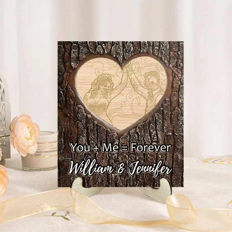 Personalized Heart Wood Plaque with Photo, Custom Couples Names Sign, Romantic Anniversary Wedding Gift, Rustic Love Wooden Decor Keepsake