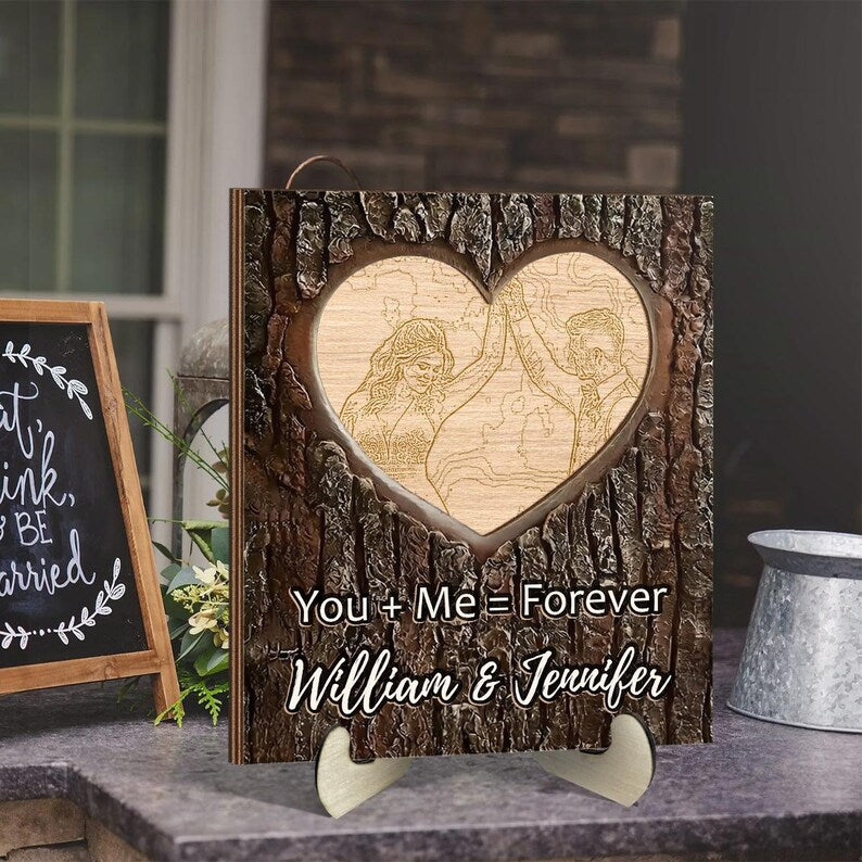 Personalized Heart Wood Plaque with Photo, Custom Couples Names Sign, Romantic Anniversary Wedding Gift, Rustic Love Wooden Decor Keepsake