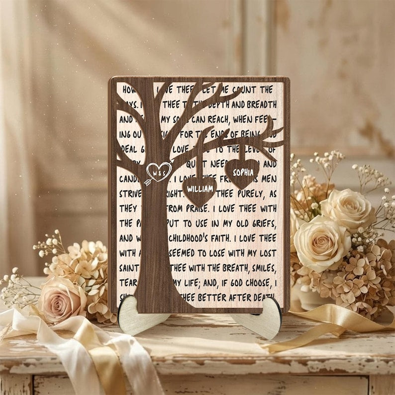 Personalized Tree of Love Wood Plaque, Custom Names Romantic Wooden Sign, Anniversary Wedding Gift for Couples, Rustic Love Keepsake Decor