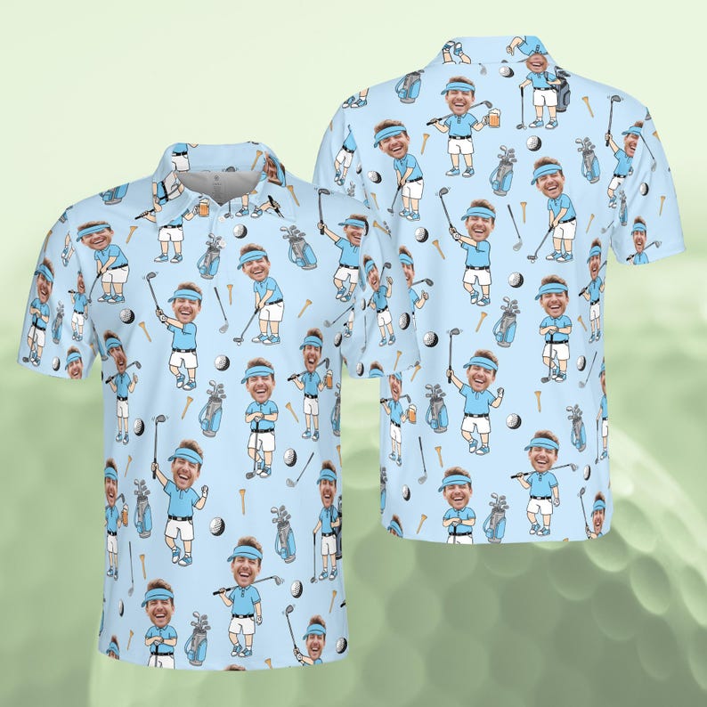 Personalized Golf Polo Shirt for Men, Custom Face Cartoon Golfer Polo, Funny Golf Lover Gift, Matching Golf Team Polo, Summer Golf Shirt