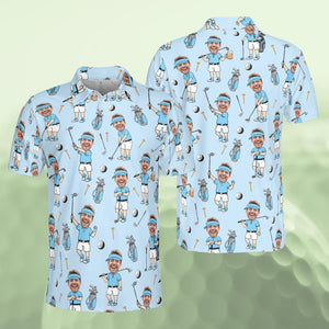 Personalized Golf Polo Shirt for Men, Custom Face Cartoon Golfer Polo, Funny Golf Lover Gift, Matching Golf Team Polo, Summer Golf Shirt