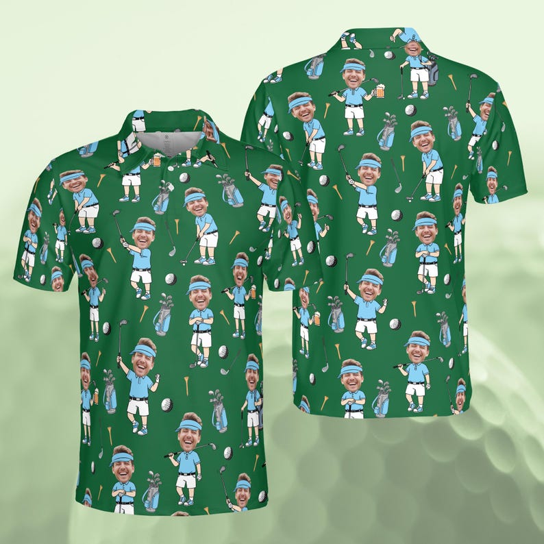 Personalized Golf Polo Shirt for Men, Custom Face Cartoon Golfer Polo, Funny Golf Lover Gift, Matching Golf Team Polo, Summer Golf Shirt