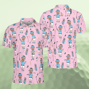 Personalized Golf Polo Shirt for Men, Custom Face Cartoon Golfer Polo, Funny Golf Lover Gift, Matching Golf Team Polo, Summer Golf Shirt