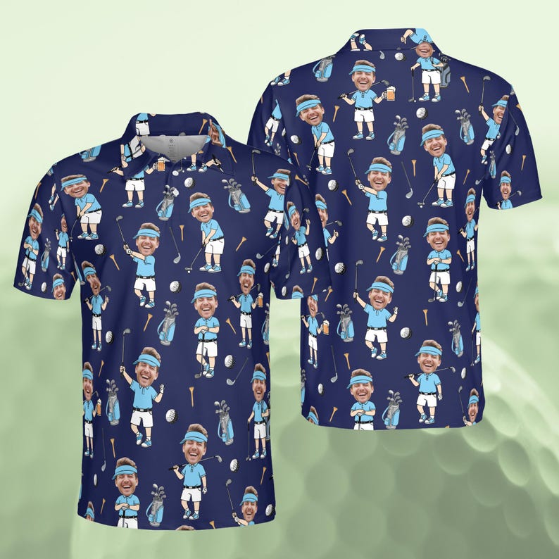 Personalized Golf Polo Shirt for Men, Custom Face Cartoon Golfer Polo, Funny Golf Lover Gift, Matching Golf Team Polo, Summer Golf Shirt
