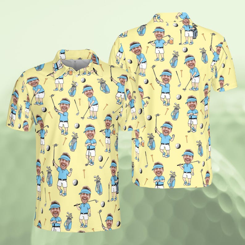 Personalized Golf Polo Shirt for Men, Custom Face Cartoon Golfer Polo, Funny Golf Lover Gift, Matching Golf Team Polo, Summer Golf Shirt