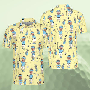 Personalized Golf Polo Shirt for Men, Custom Face Cartoon Golfer Polo, Funny Golf Lover Gift, Matching Golf Team Polo, Summer Golf Shirt