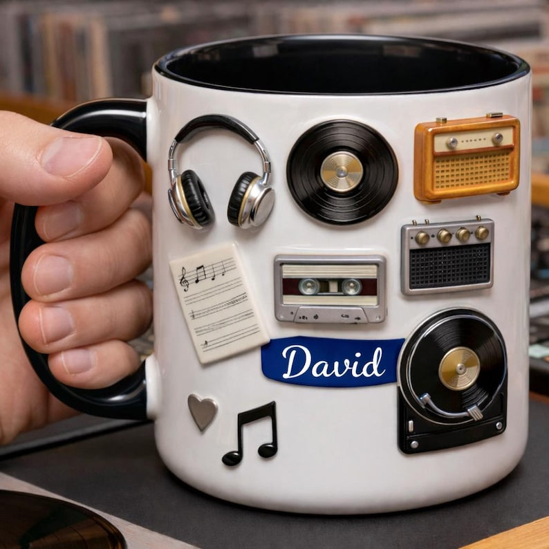 Love Vinyl Music Mug, Retro Record Player Design, Personalized Accent Coffee Mug For Music Lovers