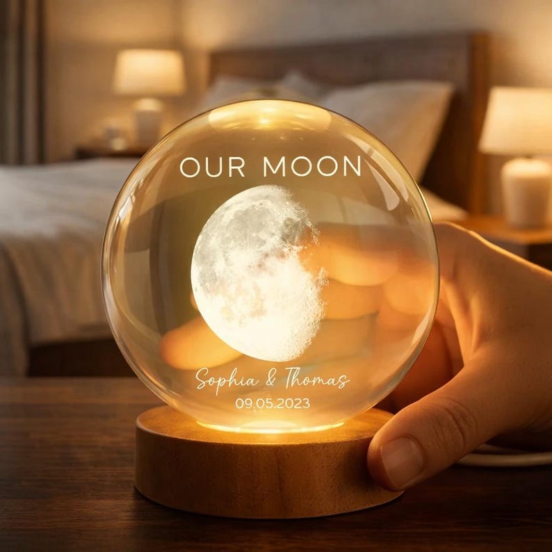 Our Moon Special Day Custom Moon Phase, Personalized Crystal Ball LED Night Light, Valentine's Day Gift For Couple, Husband, Boyfriend, Wife