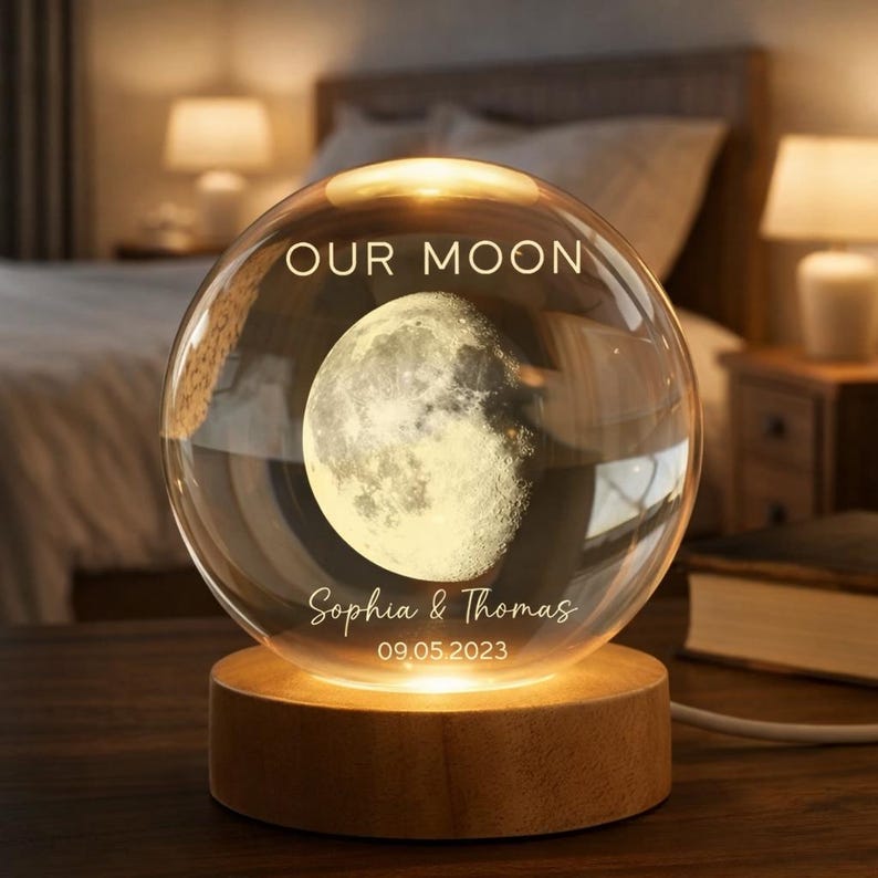 Our Moon Special Day Custom Moon Phase, Personalized Crystal Ball LED Night Light, Valentine's Day Gift For Couple, Husband, Boyfriend, Wife