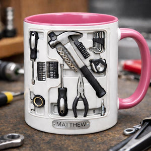 Personalized 2D Tool Mug, Mechanic Coffee Mug, Handyman Gift, Custom Name Workshop Mug, DIY Tools Illustration Cup