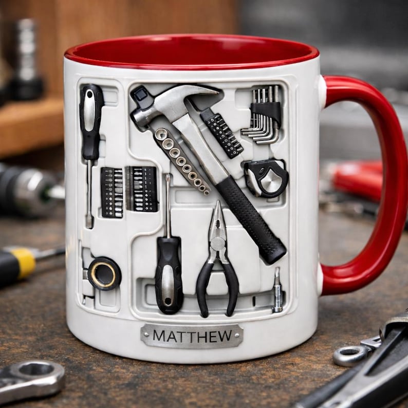Personalized Tool Mug, Mechanic Coffee Mug, Handyman Gift, Custom Name Workshop Mug, DIY Tools Illustration Cup