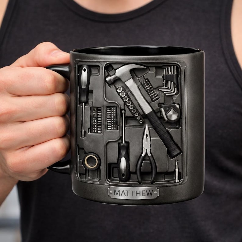 Personalized Tool Mug, Mechanic Coffee Mug, Handyman Gift, Custom Name Workshop Mug, DIY Tools Illustration Cup