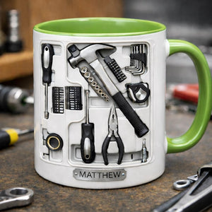 Personalized Tool Mug, Mechanic Coffee Mug, Handyman Gift, Custom Name Workshop Mug, DIY Tools Illustration Cup