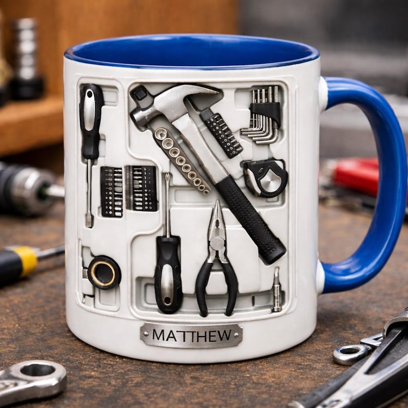 Personalized Tool Mug, Mechanic Coffee Mug, Handyman Gift, Custom Name Workshop Mug, DIY Tools Illustration Cup