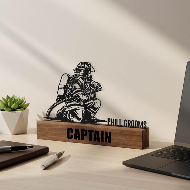 Custom Firefighter Desk Name Plate Wedge Personalized Fireman Nameplate Executive Office Sign Shelf Tabletop Fire Department Plaque Decor