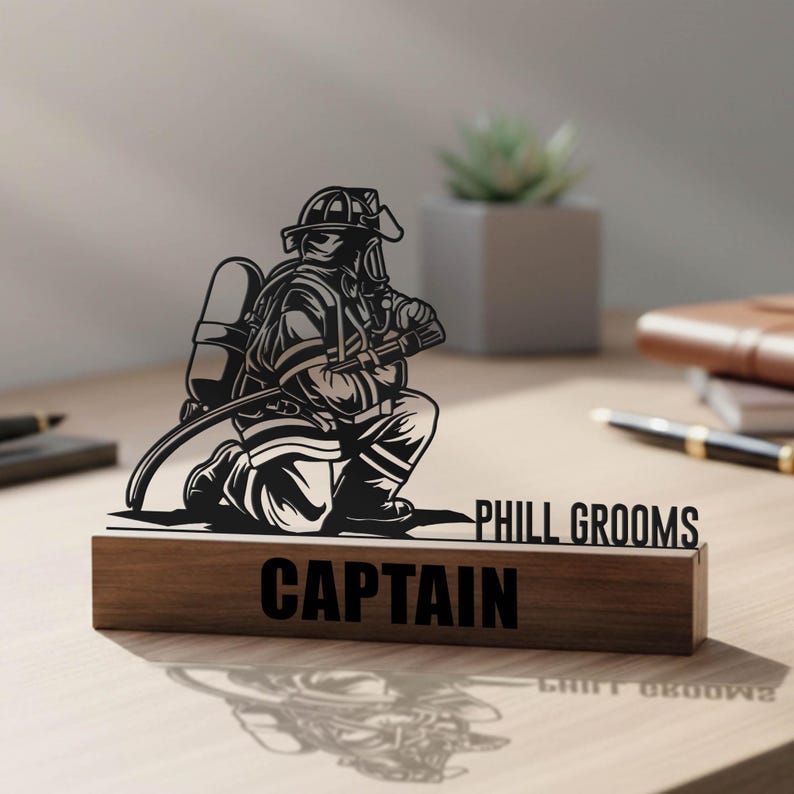 Custom Firefighter Desk Name Plate Wedge Personalized Fireman Nameplate Executive Office Sign Shelf Tabletop Fire Department Plaque Decor