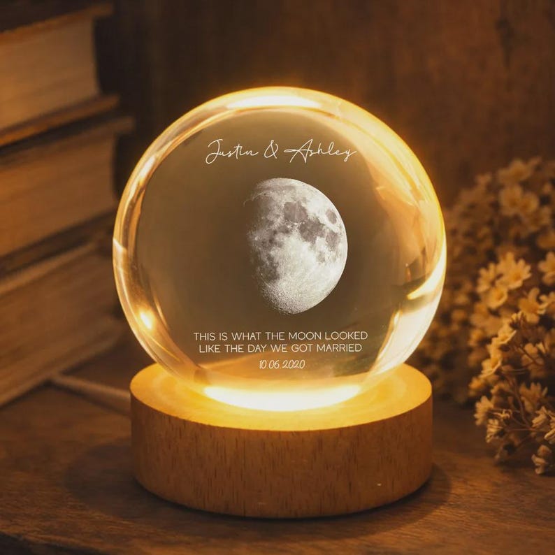 Personalized Moon Phase Crystal Ball Night Light, Engraved Couple, Anniversary Gift